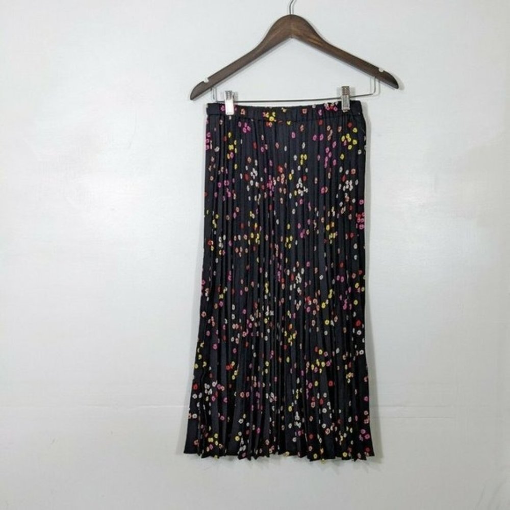 HALOGEN Black Floral Print Pleated Midi Skirt NWOT XS Petite - Picture 1 of 4
